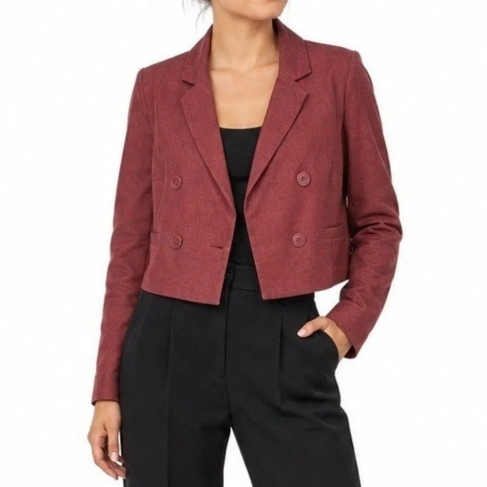 Express Cropped Linen Blend Blazer Women Small Burgundy Double Breasted Business